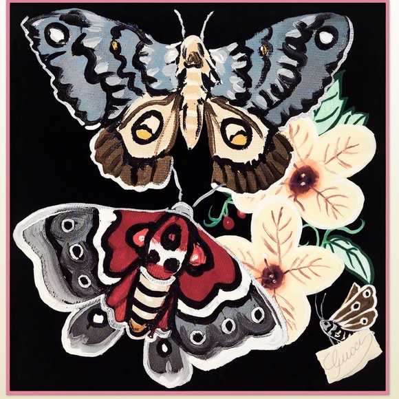 New Gucci Scarf Logo Kris Knight Butterfly Flora Black Silk Scarf - Picture 1 of 13